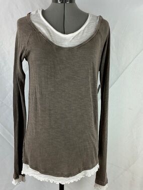 Free People Brown Layered-Look Long Sleeve Tee with White Trim NWT